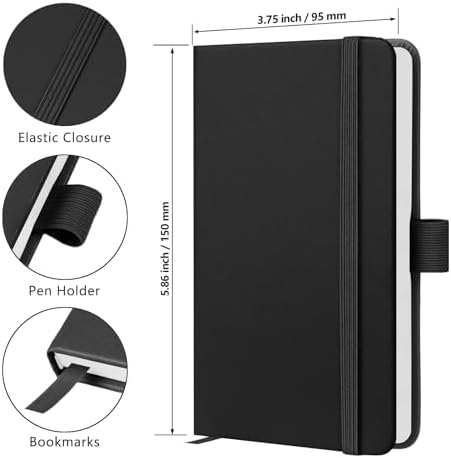A6 Notebook Black - 160 Lined Pages Hardback Journal for Men and Women Office Work School - Pocket SizePen Holder